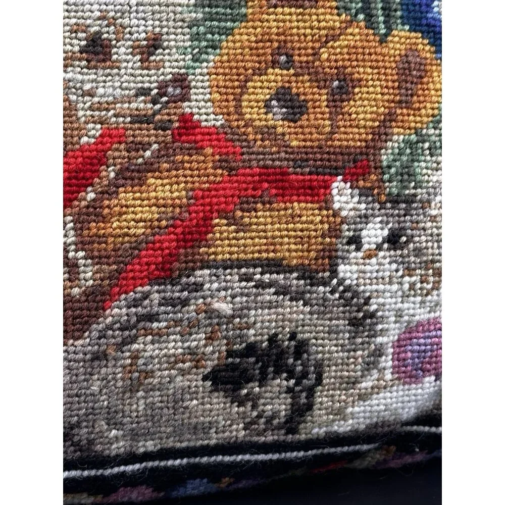 Wool Needlepoint Pillow Christmas Dog Cat Teddy Bears Tree Vintage Complete READ